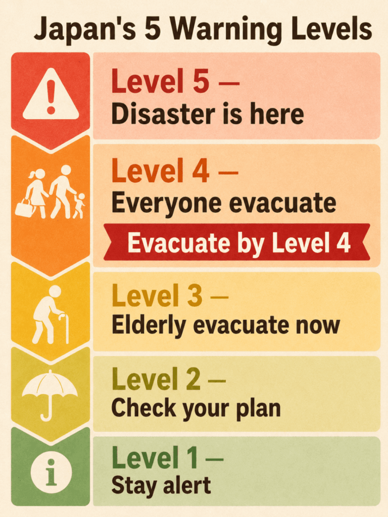 Chart of Japan's 5-level disaster warning system, with evacuation by Level 4