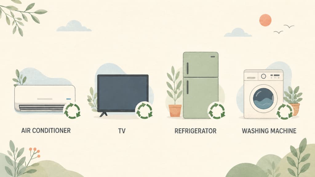 The four appliances covered by Japan's Home Appliance Recycling Law: AC, TV, refrigerator, washing machine