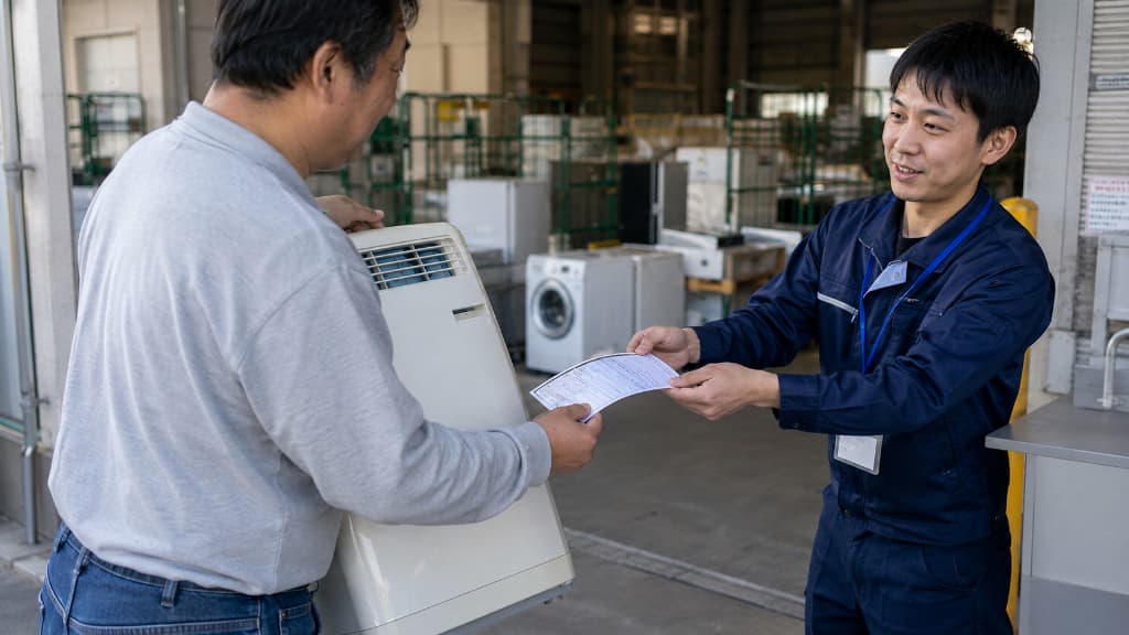 Dropping an appliance and recycling ticket at a designated collection site in Japan