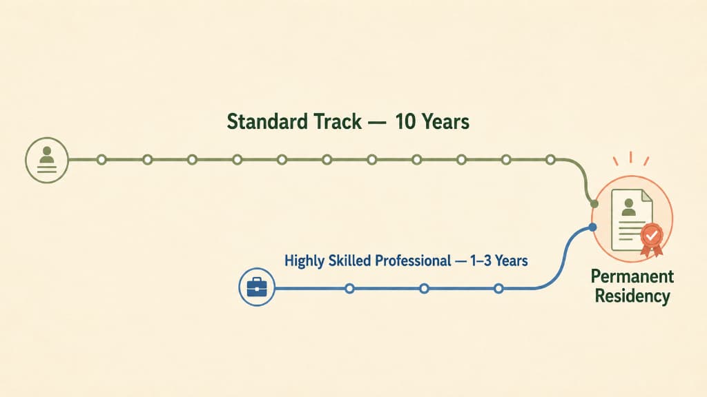 Infographic comparing the standard and Highly Skilled Professional paths to permanent residency in Japan