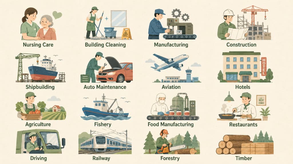 Illustration of the 16 industry sectors covered by Japan's Specified Skilled Worker visa